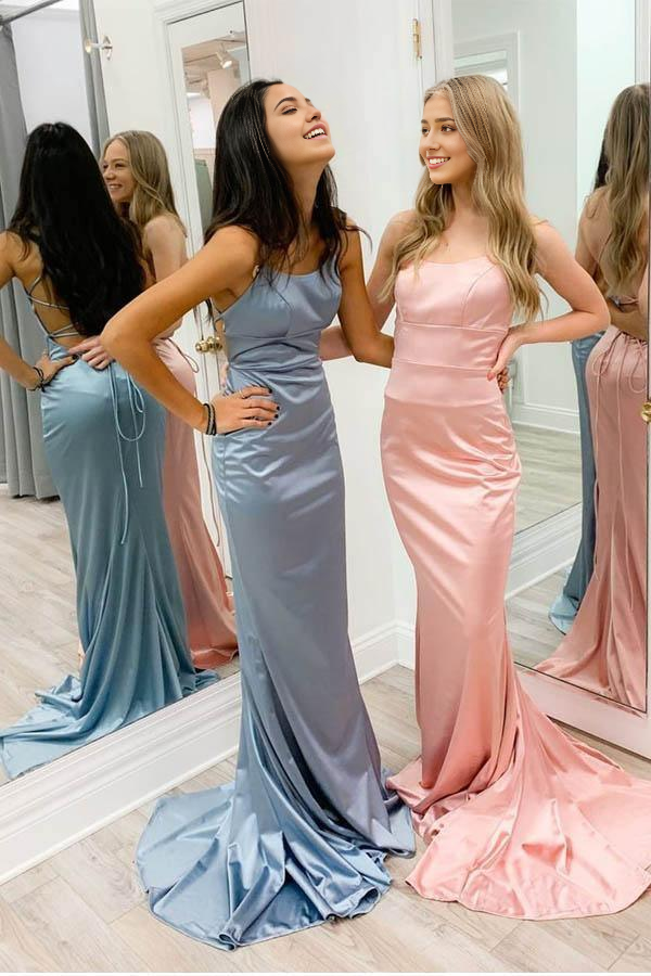 Sheath/Column Spaghetti Straps Satin Scoop evening gown Long Formal Prom Dress
